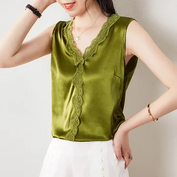 Silk Satin Tops Women Summer 2020 New Lace V-Neck Sleeveless Solid Colour Fashion Light Luxury Fine T-Shirts Female S-XXL 
Silk Satin Tops Women Summer 2020 New Lace V-Neck Sleeveless Solid Colour Fashion Light Luxury Fine T-Shirts Female S-XXL