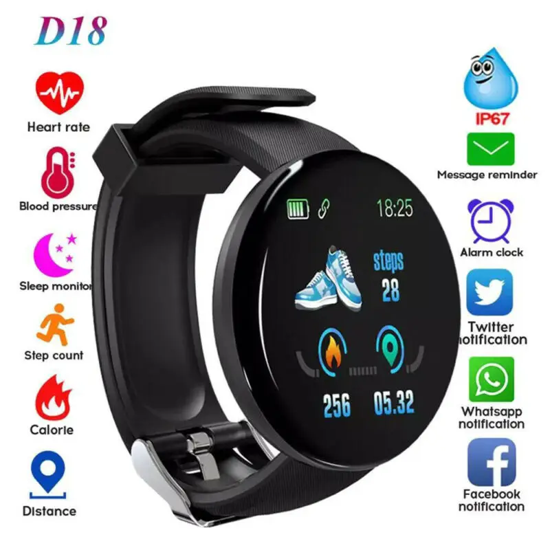 New 2020 Bluetooth Smart Watch Heart Rate Fitness Tracker Bracelet Pedometer Smart Wristband Round Screen Smart Bracelet D18
New 2020 Bluetooth Smart Watch Heart Rate Fitness Tracker Bracelet Pedometer Smart Wristband Round Screen Smart Bracelet D18