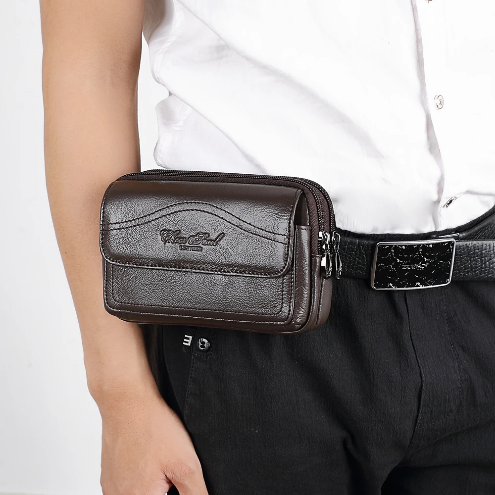 

Men Genuine Leather Travel Cell Mobile Phone Pouch Bags Fanny Pack Male Belt Waist Bag Flap Money Wallet Purse Bum Waist Pack