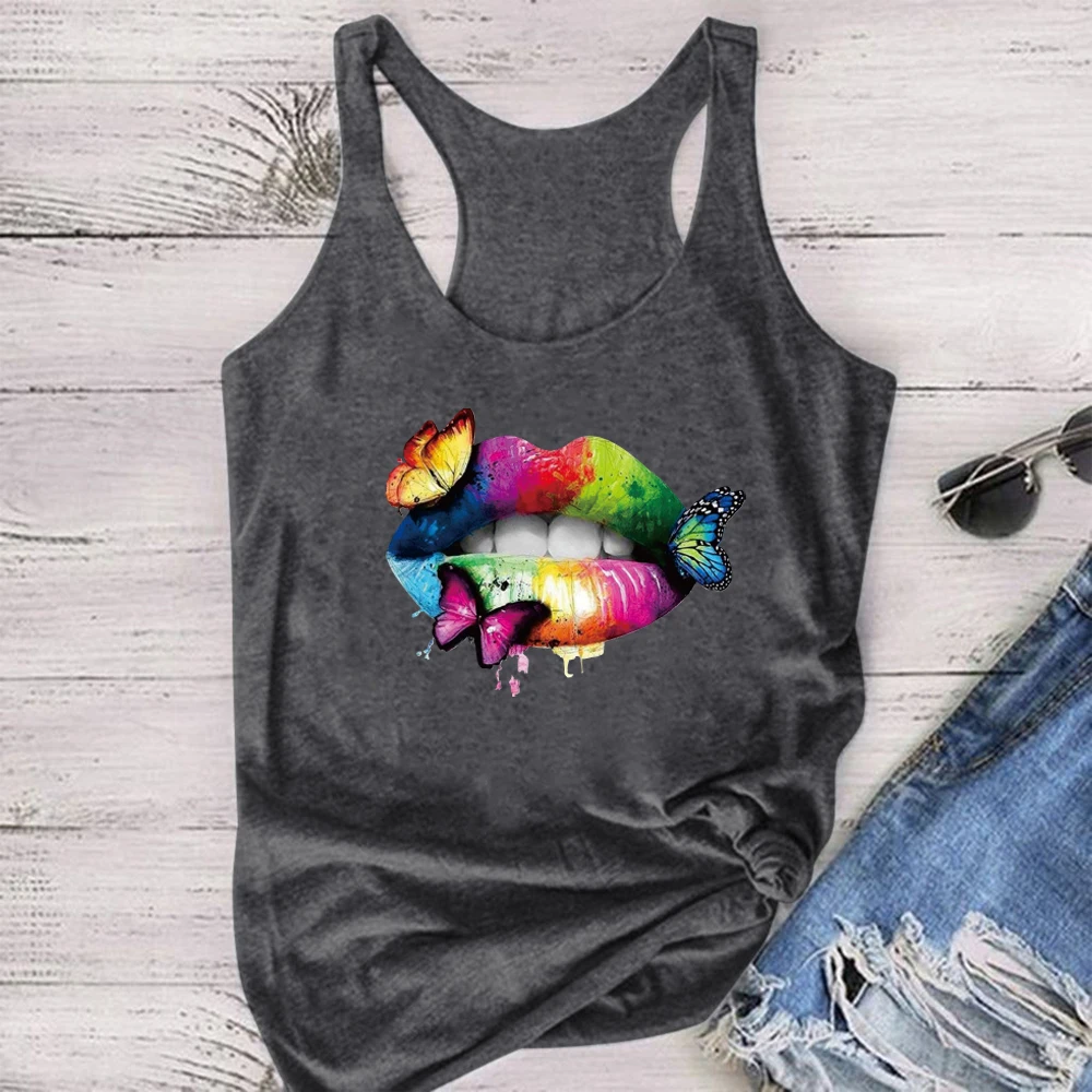Multicolored Lips Butterflies Printed Women Tank Top JKP4760