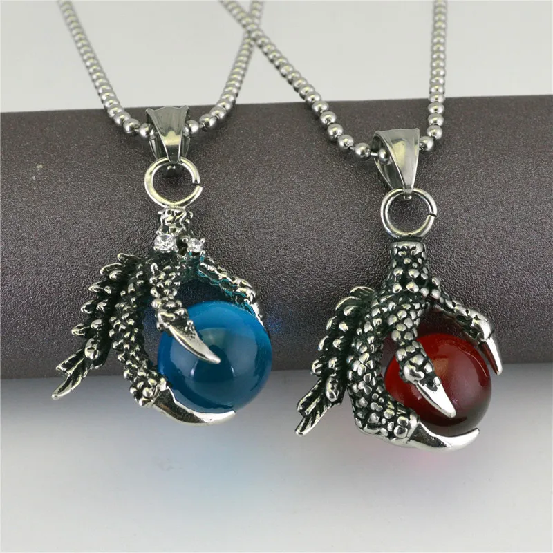 

Retro Gothic Dragon Claw Pendant Fashion Couple Inlay Red Blue Gem Dragon Claw Necklace Trend Men Women's Valentine's Day Gift