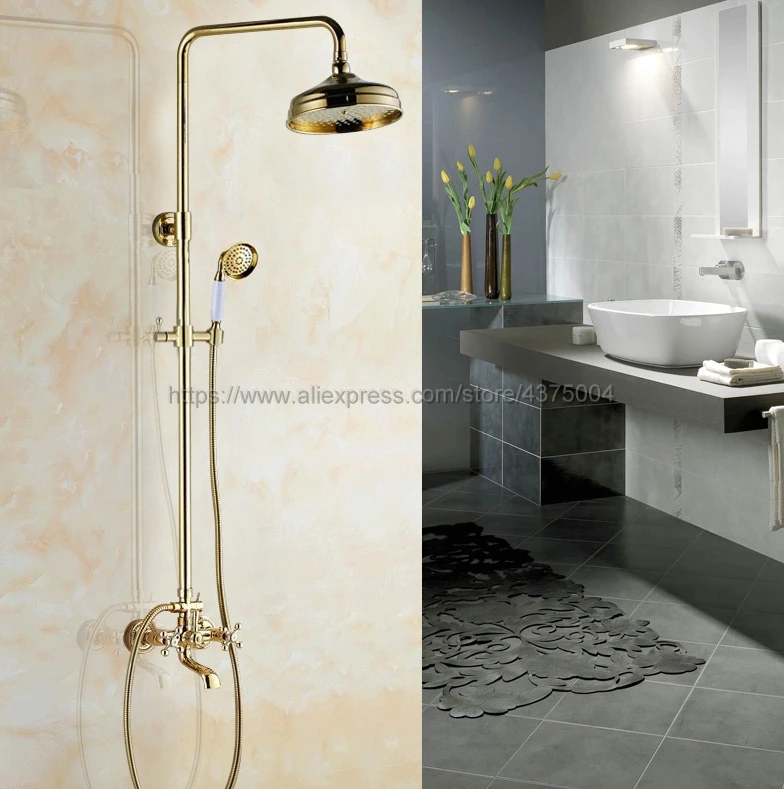 

Gold Color Brass Wall Mounted 8" Rainfall Shower Mixer Set Double Handles Bath Shower Faucet Swivel Tub Spout Ngf351