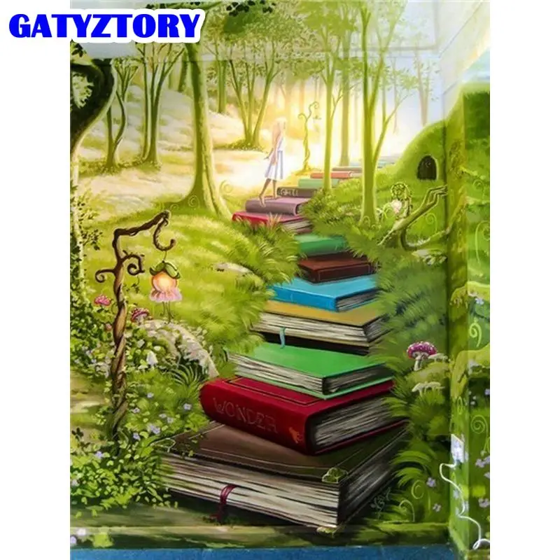 GATYZTORY Diy Framed Paints By Numbers Kits For Beginner The Forest Book Road Scenery Painting HandPainted Gift Wall Picture | Дом и сад
