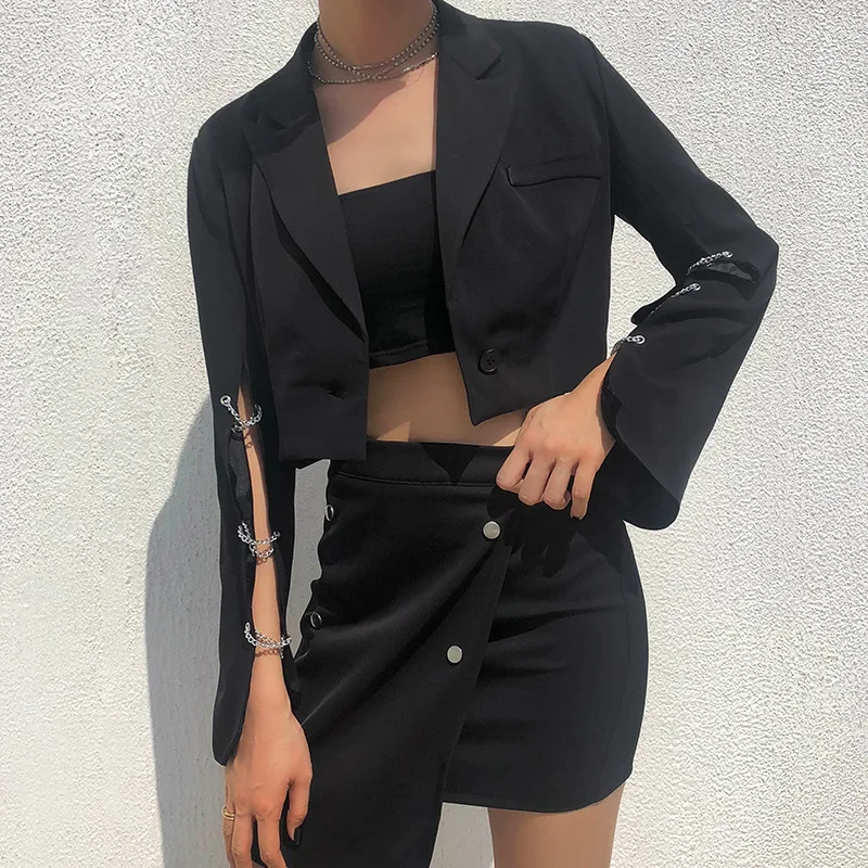 Russia Free shipping Autumn and winter fashion new women's dark punk style sleeves chain slit sexy blazer Small suit
Russia Free shipping Autumn and winter fashion new women's dark punk style sleeves chain slit sexy blazer Small suit