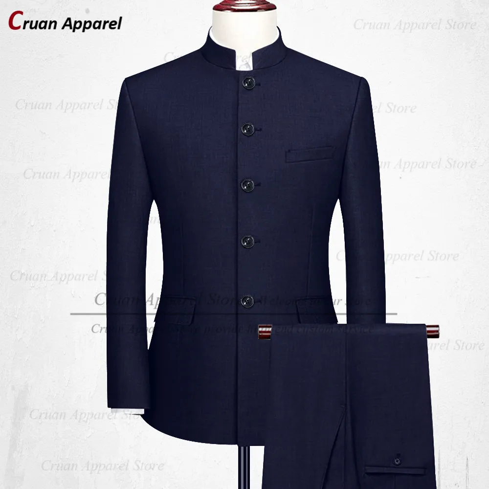 

2022 Classic Designs Chinese Tunic Suit Mens Set Slim fit Groomsmen Groom Wedding Tuxedo Navy Blue Plus Size Blazer Pants 2Pcs