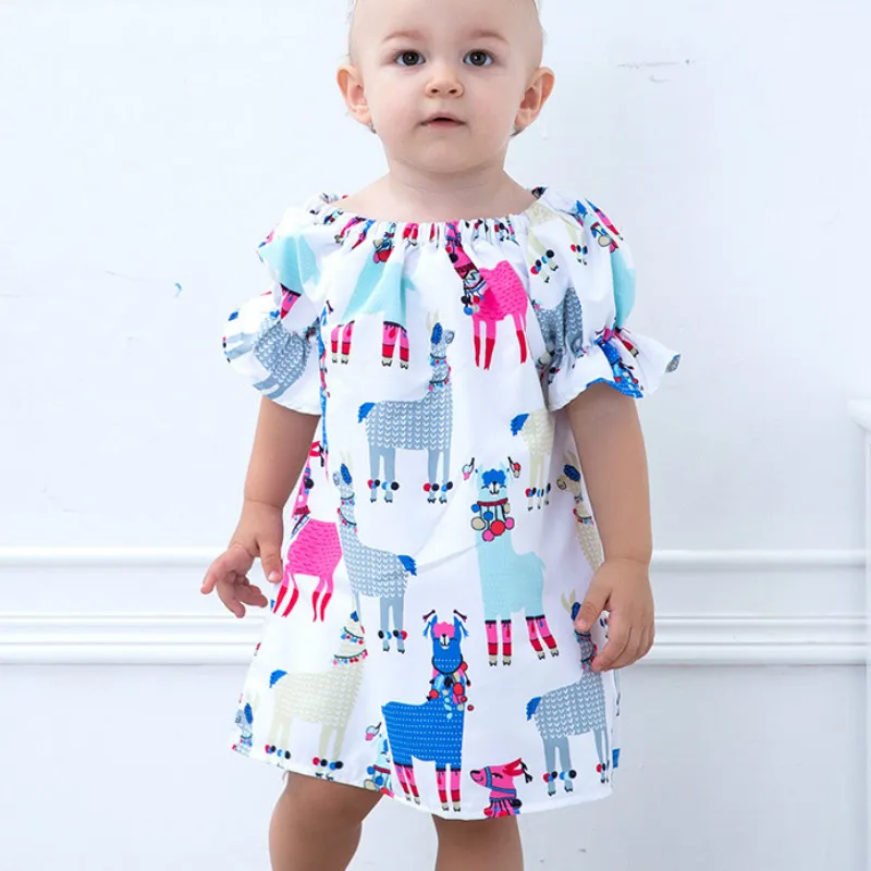 2018 Toddler Girl Dresses Cartoon Alpaca Print Flutter Sleeve Off Shoulder Kids for Girls Short Dress | Мать и ребенок
