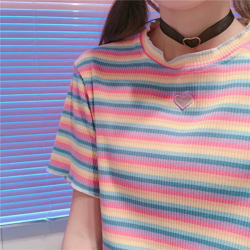 Japanese Sweets Women T-shirt Harajuku Tumblr Rainbow Striped Knitted Tops Korean Kawaii Heart Short Sleeve Girl Tees Shirts
Japanese Sweets Women T-shirt Harajuku Tumblr Rainbow Striped Knitted Tops Korean Kawaii Heart Short Sleeve Girl Tees Shirts