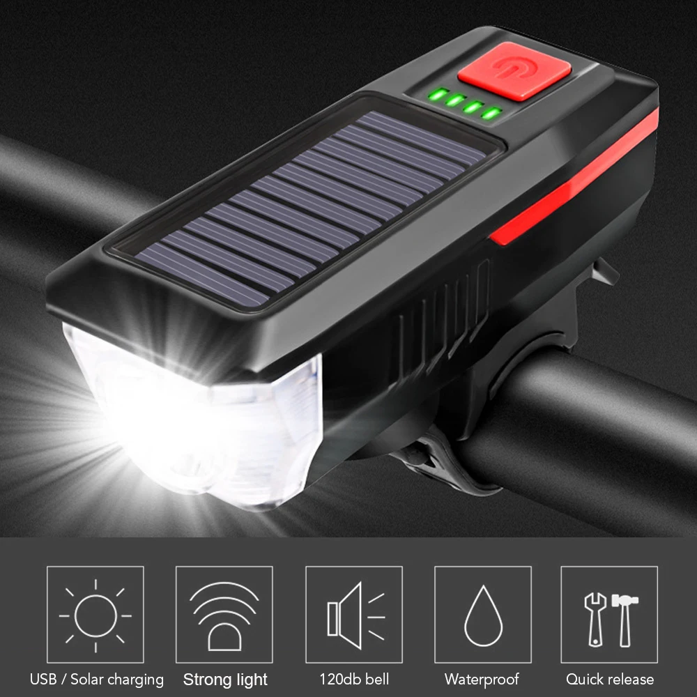 Bike Light Solar USB Rechargeable Double Charging Horn Lamp Waterproof Bicycle Headlight Front + | Спорт и развлечения