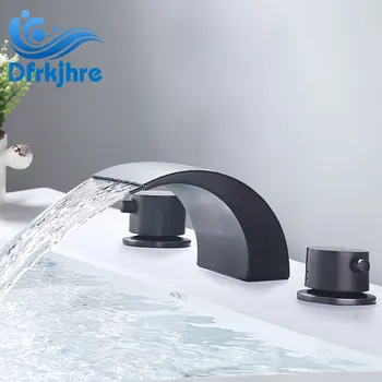 

Basin Waterfall Faucets Deck Mounted Black Dual Handle Widespread Bathroom Sink Mixer Tap Deck Mounted Bathtub Mixers Crane