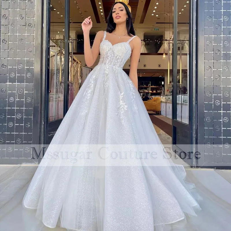 

2021 Stunning Sequin Lace Wedding Dress Beading Appliques Spaghetti Straps A-line Bridal Gowns Robe de mariage