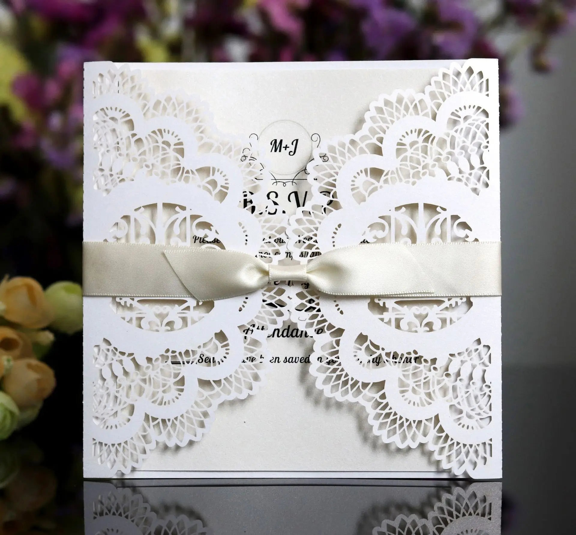 laser cut wedding invitations card paper with ribbon envelopes
