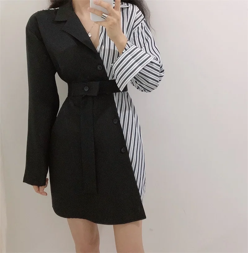 2020 Beveled Single Breasted Femme Suit Dress Simple Slim Waist Blazer Chic Stripe Patckwork Drawstring Women Suit Dress
2020 Beveled Single Breasted Femme Suit Dress Simple Slim Waist Blazer Chic Stripe Patckwork Drawstring Women Suit Dress