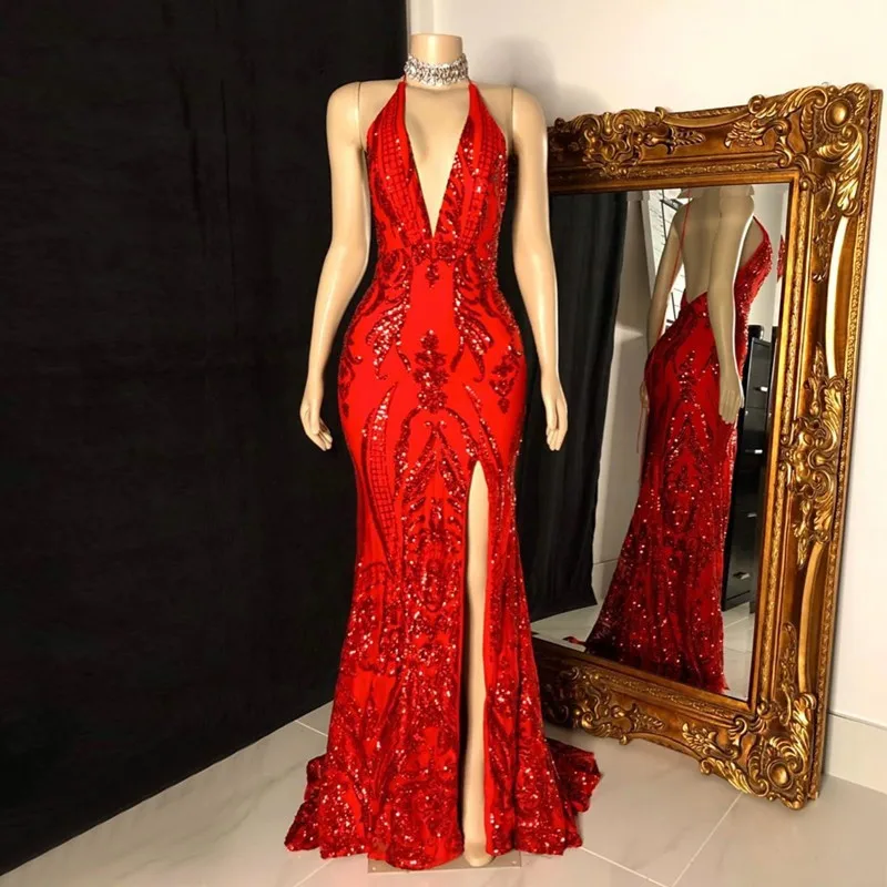Red Backless Side Split Mermaid Prom Dresses 2020 for African Black Girls Halter Sequined Party Evening Gowns Vestido de festa
Red Backless Side Split Mermaid Prom Dresses 2020 for African Black Girls Halter Sequined Party Evening Gowns Vestido de festa