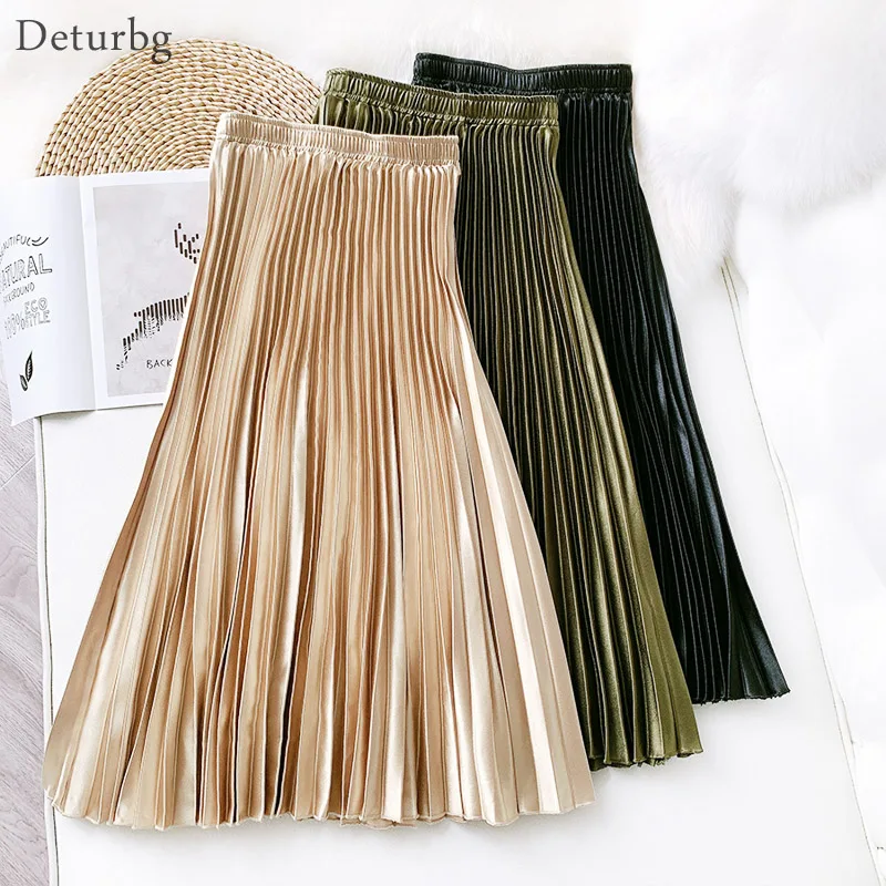 

Women's Vintage Pleated Midi Long Satin Skirt Korean Female High Waist Metal Color Black A-line Skirts Faldas 2020 Autumn SK605