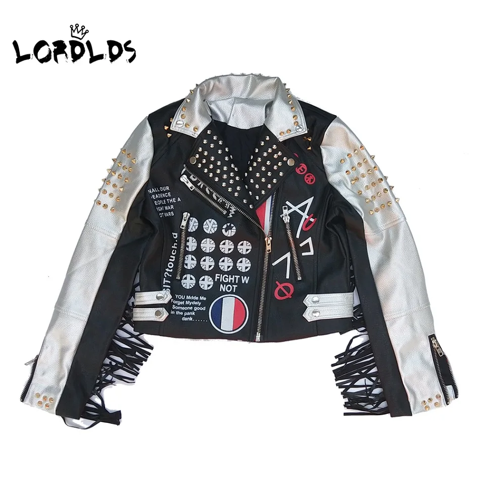 

LORDLDS Women Leather Tassel Jacket 2019 New Biker Motorcycle Punk Style Black DJ zipper rivet Jackets
