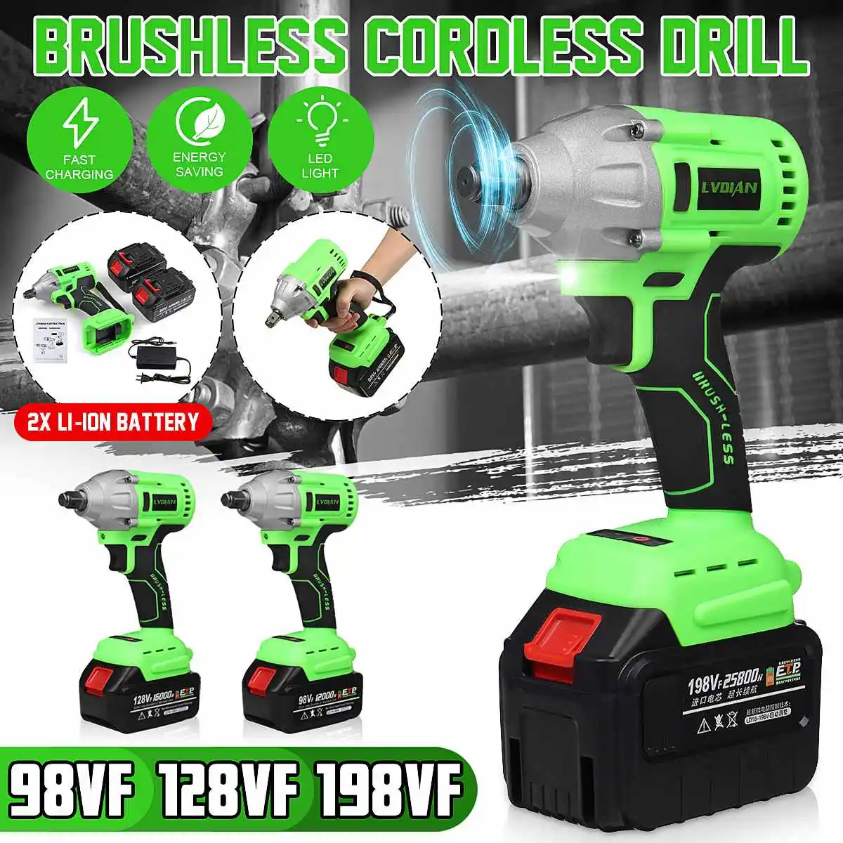 98/128/198VF Upgrade 2 Battery Brushless Cordless Electric Wrench Impact Wrench Power Tool Electric tool Impact Screwdriver
98/128/198VF Upgrade 2 Battery Brushless Cordless Electric Wrench Impact Wrench Power Tool Electric tool Impact Screwdriver
