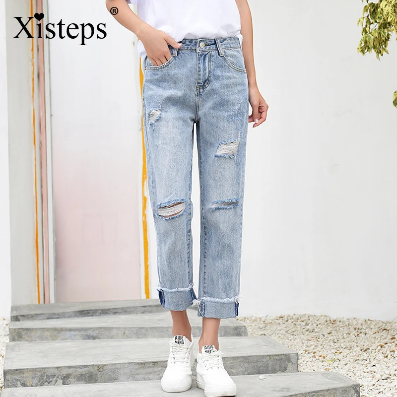 Xisteps Новые повседневные широкие не содержит эластик женские джинсы студент Boyfriend