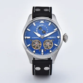 

Corgeut 46mm Automatic Men's Watch Moon Phase Date Display Blue Skeleton Dial Leather Strap Lminous Hands Marks Flywheel