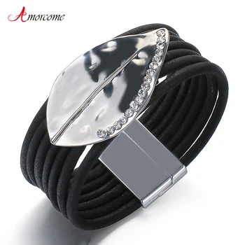 Amorcome Punk Black Leather Bracelet Alloy Rhinestone Leaf Charm Bracelets&Bangles Magnet Buckle Bohemian Bracelets for Women
Amorcome Punk Black Leather Bracelet Alloy Rhinestone Leaf Charm Bracelets&Bangles Magnet Buckle Bohemian Bracelets for Women