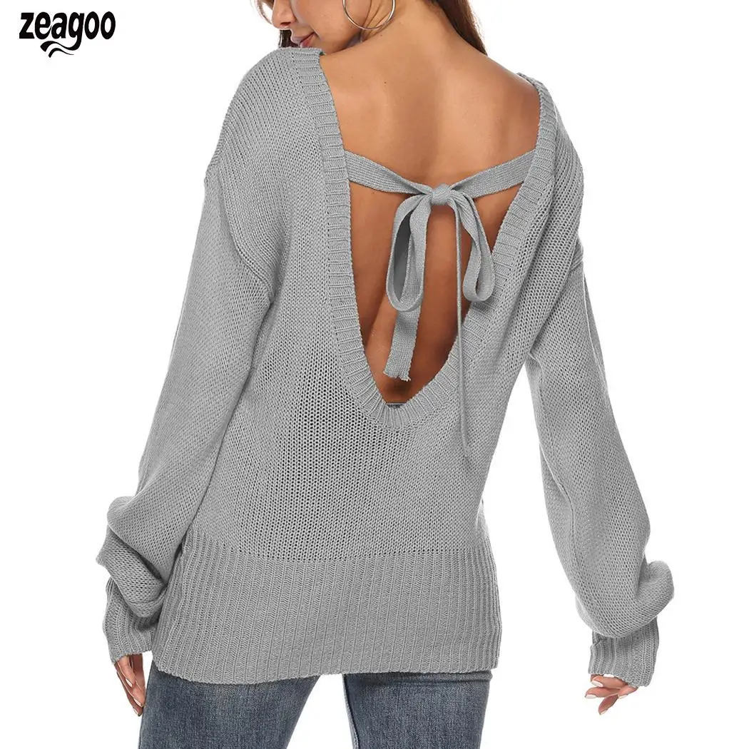 Women Fashion Round Neck Long Sleeve Solid Back Causal Tie Pullover Sweater Autumn, Winter
Women Fashion Round Neck Long Sleeve Solid Back Causal Tie Pullover Sweater Autumn, Winter