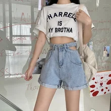 

Women's Korean Style Personality Hollow out Straight Wide Leg Summer Hong Kong Style High Waist Slimming Curling Denim Shorts