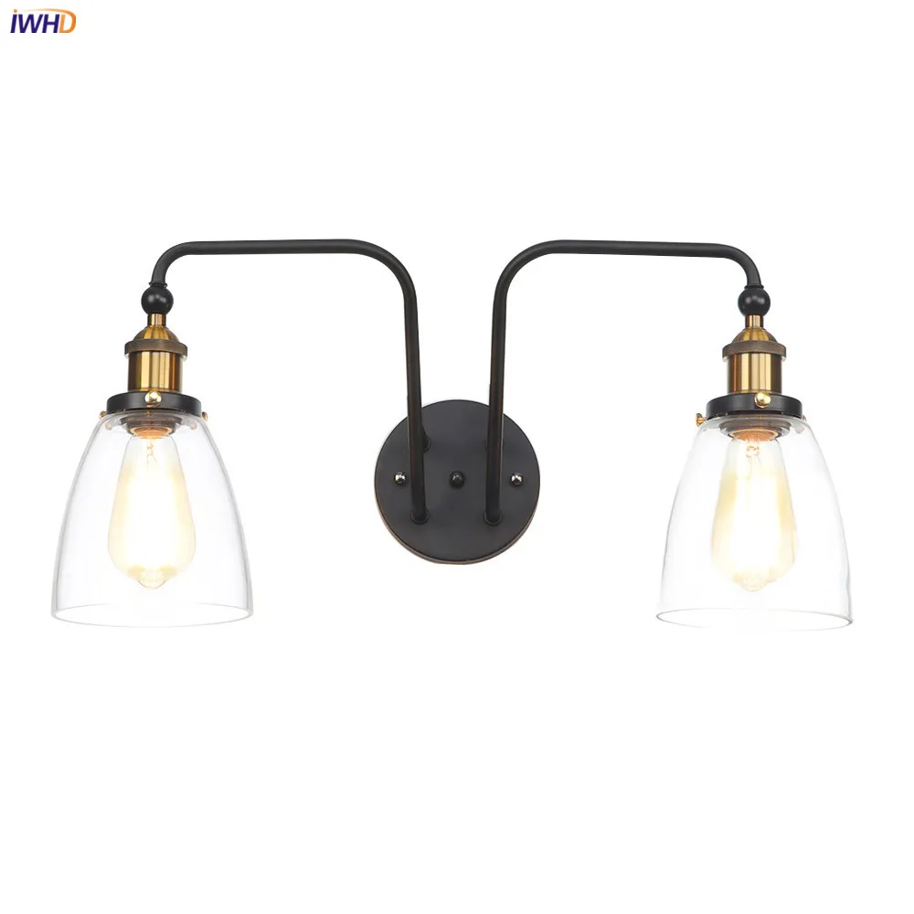 

IWHD Loft Decor Industrial Wall Light Fixtures 2 Heads Glass Lampshade Edison Bulb Antique Retro Vintage Wall Lamp Sconce LED