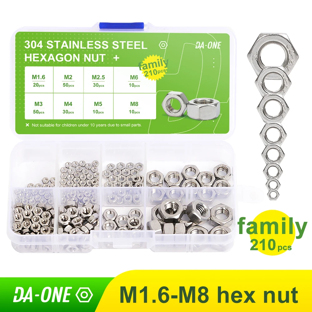 DA-ONE 210pcs Hex Hexagon Nuts Assortment Kit M1.6 M2 M2.5 M3 M4 M5 M6 M8 Stainless Steel Metric Hex Nut Set DIN934 Metalworking
DA-ONE 210pcs Hex Hexagon Nuts Assortment Kit M1.6 M2 M2.5 M3 M4 M5 M6 M8 Stainless Steel Metric Hex Nut Set DIN934 Metalworking