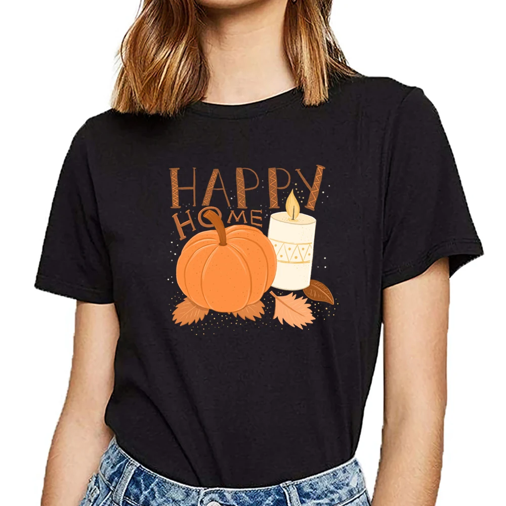 Tops T Shirt Women happy home pumpkin and candle alight hygge Fit Inscriptions Print Female Tshirt | Женская одежда