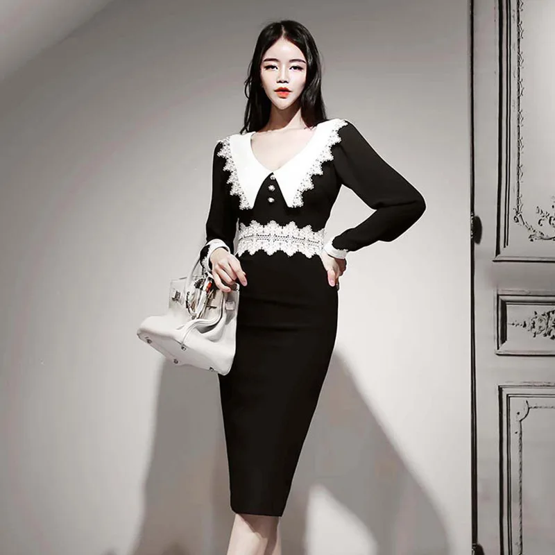 2019 Autumn Clothing New Products Korean-style Elegant V-neck Black And White Mixed Colors High-waisted Slimming Mid-length Penc 
2019 Autumn Clothing New Products Korean-style Elegant V-neck Black And White Mixed Colors High-waisted Slimming Mid-length Penc