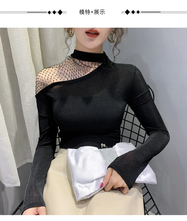 Korean style Slim Long-sleeved Sexy Strapless T-shirt Women Autumn Spring Mesh Stitching Tops Fashion Hollow out shirt Korean style Slim Long-sleeved Sexy Strapless T-shirt Women Autumn Spring Mesh Stitching Tops Fashion Hollow out shirt