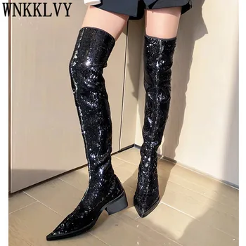Sparkle sequin over the knee boots women mid heel pointed toe elastic slim thight high boots sexy Nightclub shoes for girls
Sparkle sequin over the knee boots women mid heel pointed toe elastic slim thight high boots sexy Nightclub shoes for girls