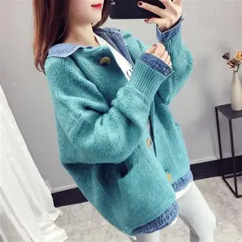 Fashion Pocket Denim Stitching Fake Two-piece Knit Cardigan Women 2019 Autumn Loose Lazy Wind Long Sleeve Turn-down Sweater Coat
Fashion Pocket Denim Stitching Fake Two-piece Knit Cardigan Women 2019 Autumn Loose Lazy Wind Long Sleeve Turn-down Sweater Coat