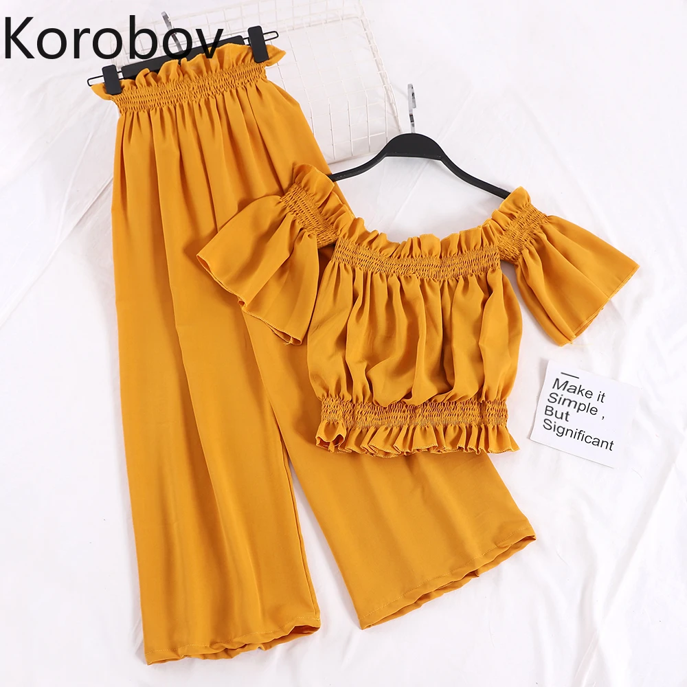 

Korobov New Chic Summer Chiffon Women Suit Vintage Solid Slash Neck Flare Sleeve Ruched Blouse and Flower Pants 2 PCS Set 78738