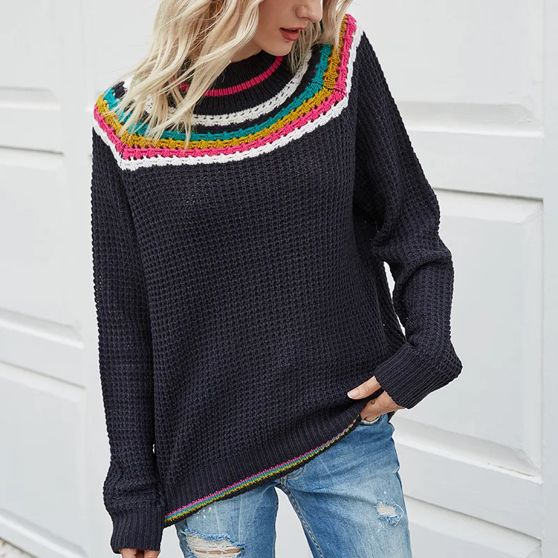Women's Rainbow Striped Sweaters Autumn Winter Ladies Long Sleeve Contrast Color Knitted Shirt Female's Pullover Tops Jumpers 
Women's Rainbow Striped Sweaters Autumn Winter Ladies Long Sleeve Contrast Color Knitted Shirt Female's Pullover Tops Jumpers