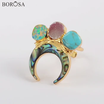 BOROSA Handmade Gold Color Horn Natural Abalone Shell & Three Rainbow Agates Druzy Turquoises Japanese Opal Ring Jewelry G1839
BOROSA Handmade Gold Color Horn Natural Abalone Shell & Three Rainbow Agates Druzy Turquoises Japanese Opal Ring Jewelry G1839