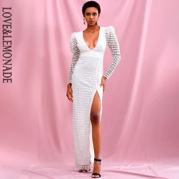 LOVE & LEMONADE Sexy White V-Neck Bubble Long Sleeve Whit Split Glitter Glue Material Party Maxi Dress LM82256
LOVE & LEMONADE Sexy White V-Neck Bubble Long Sleeve Whit Split Glitter Glue Material Party Maxi Dress LM82256