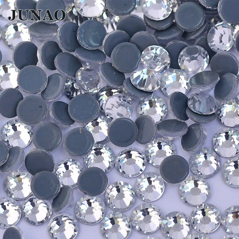 JUNAO-SS-3-5-6-10-20-30-Clear-White-Hot-Fix-Rhinestones-Glass-Flat-Back