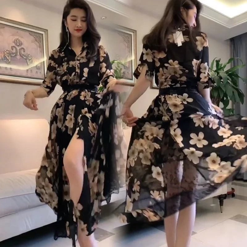 Timis Li Summer Chiffon Dress Detachable Beach Dress Vintage Ruffles Short Sleeve A-Line Party Dress Sundress Vestidos Plus Size