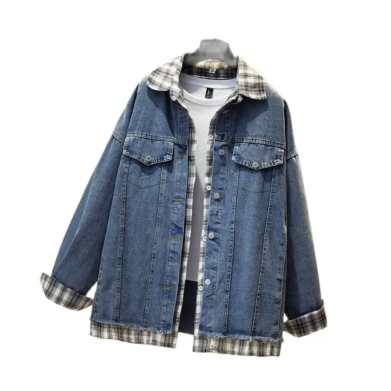 Ladies Denim Jacket Women's Clothing Lattice Splicing Female Denim Coats Spring Autumn Outerwear Fake Two-Piece Jacket Tops
Ladies Denim Jacket Women's Clothing Lattice Splicing Female Denim Coats Spring Autumn Outerwear Fake Two-Piece Jacket Tops