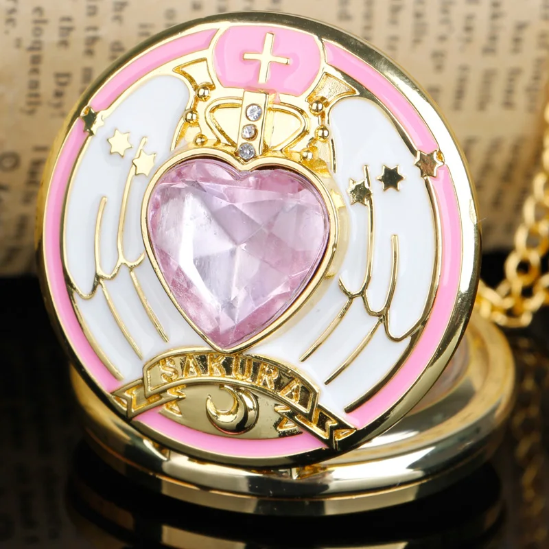 

Pink Cute Magical Anime Role-Playing Pocket Watch Fob Chain Necklace Pendant Best Gift for Boys and Girls Pocket Watch