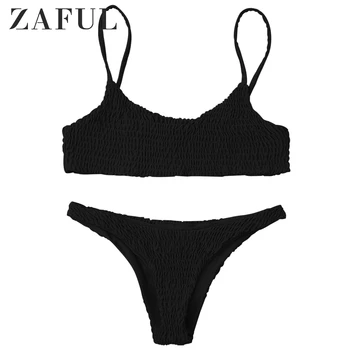 

ZAFUL Women Cami Smocked Bikini Top And Bottoms Spaghetti Straps Wire Free Bralette Bikini Set Low Waisted Solid Bathing Suit