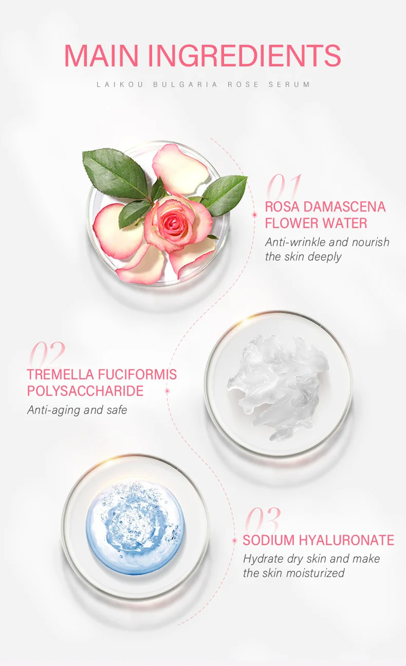 LAIKOU Bulgaria Rose Face Serum Deep Moisturizing Hydrating Anti Aging Brighten Skin Tone Remove Spots Shrink Pores Skin Care 11 H4ff2caa30f4c455f8f972aa44792a76fF