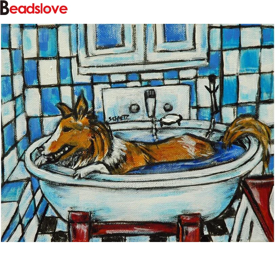 5D Diy Diamond Painting Full Square Round Bathroom bathtub collie pet dog Embroidery Paintings by Number Mosaic | Дом и сад