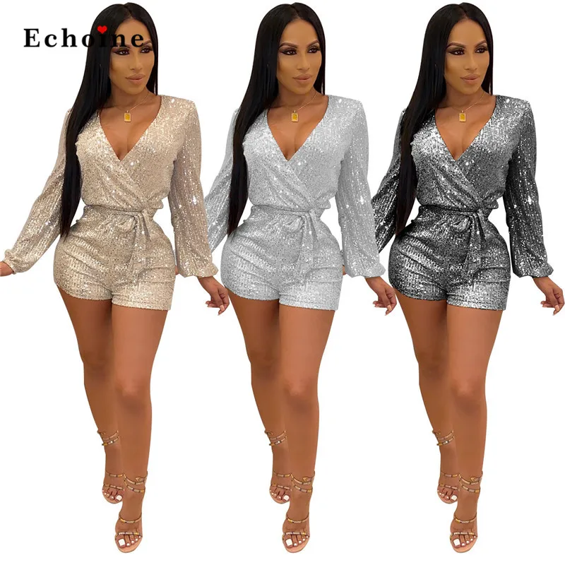 

Women Sexy Sequin Jumpsuit V-Neck Overlay Playsuit Sash Lace Up Short Pants Streetwear Exquisite Rompers Modern Outwear Overalls