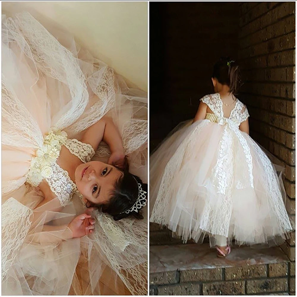 Ivory Champagne Lace Girl Dress with White Chiffon Rhinestone Flower and Lace Sleeve Straps Ankle Length Wedding Baby Girl Dress 
Ivory Champagne Lace Girl Dress with White Chiffon Rhinestone Flower and Lace Sleeve Straps Ankle Length Wedding Baby Girl Dress