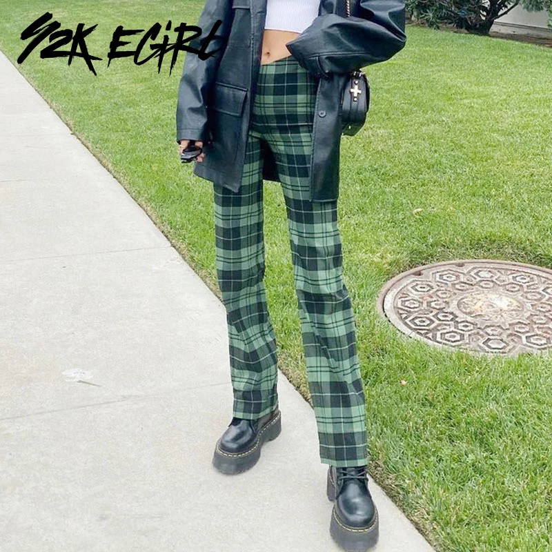 

Y2K EGIRL 90s Fashion Mid-Waist Checkered Trousers Gothic Aesthetics Green Plaid Flare Pants Alternative Outfits Autumn Harajuku