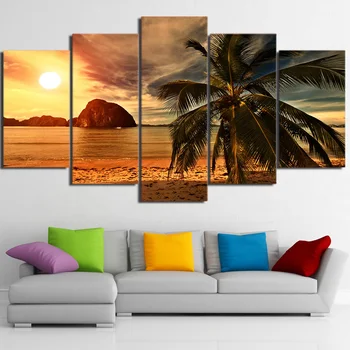 

Canvas Paintings HD Prints Posters 5 Pieces Tropical Beach Palm Trees Sunset Seascape Pictures Framework Living Room Home Decor