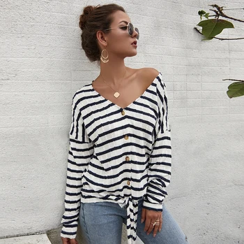Women Autumn Striped Bandage Top Long Sleeve V Neck Button Knit Tunic Top 2020 New Fashion Casual Loose Office Knitted Tee Shirt
Women Autumn Striped Bandage Top Long Sleeve V Neck Button Knit Tunic Top 2020 New Fashion Casual Loose Office Knitted Tee Shirt