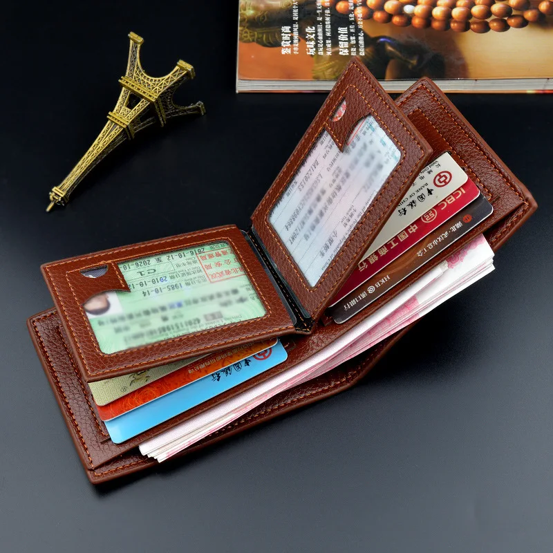 

New wallet short men's driver's license Thin Wallet 30% off horizontal business leisure litchi pattern retro soft Wallet