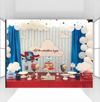 white blue stripe backdrop birthday party Dessert table decorations white clouds adventures begin birthday baby shower CZ-115 
white blue stripe backdrop birthday party Dessert table decorations white clouds adventures begin birthday baby shower CZ-115